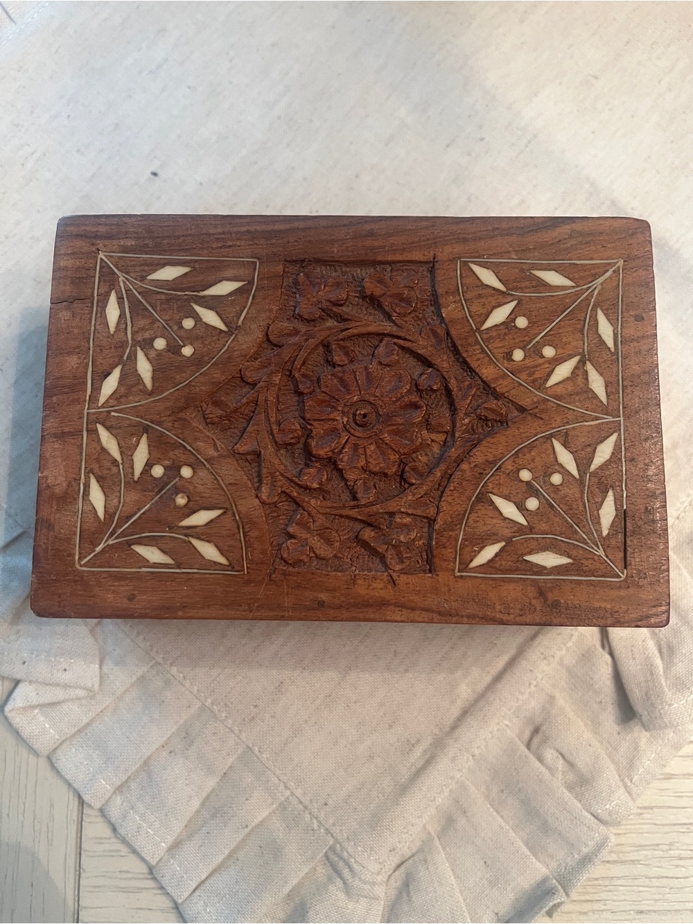 Vintage Brown Wood Inlay Jewelry Box